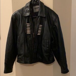 Black leather riding coat . Measurements: chest 17 , shoulder  20.   Waist 22